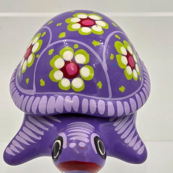 Mexican Folk Art Purple Turtle Terra Cotta Trinket Box with Removable Lid - Picture 6 of 9